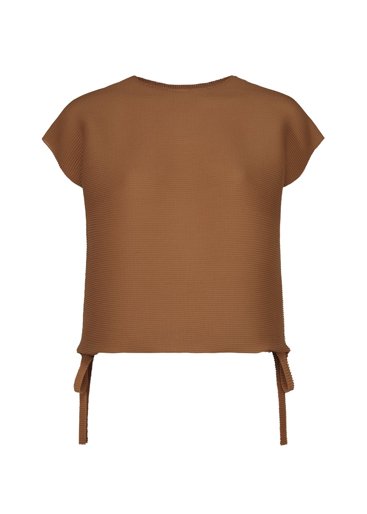 The SQUARE STRETCH PLEATS by me ISSEY MIYAKE is a brown, short-sleeved ribbed knit top with a loose fit. Featuring a round neckline and crafted from a stretchy fabric, this piece includes two adjustable ties at the hem on each side for a customizable silhouette. The garment is displayed on a plain white background. view 4 of 12