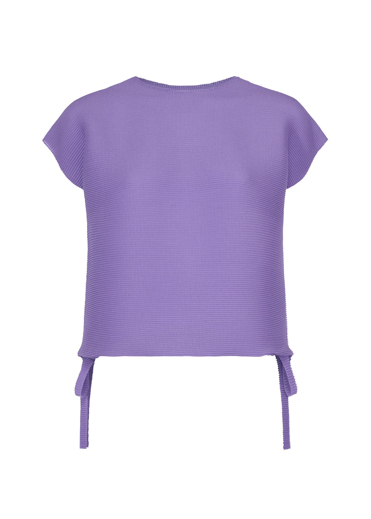 The SQUARE STRETCH PLEATS by me ISSEY MIYAKE is a purple short-sleeved textured knit top featuring a round neck, stretchy construction, and two side ties at the hem for an adjustable silhouette, displayed against a plain white background. view 5 of 12