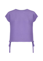 The SQUARE STRETCH PLEATS by me ISSEY MIYAKE is a purple short-sleeved textured knit top featuring a round neck, stretchy construction, and two side ties at the hem for an adjustable silhouette, displayed against a plain white background. - PURPLE （no.81）