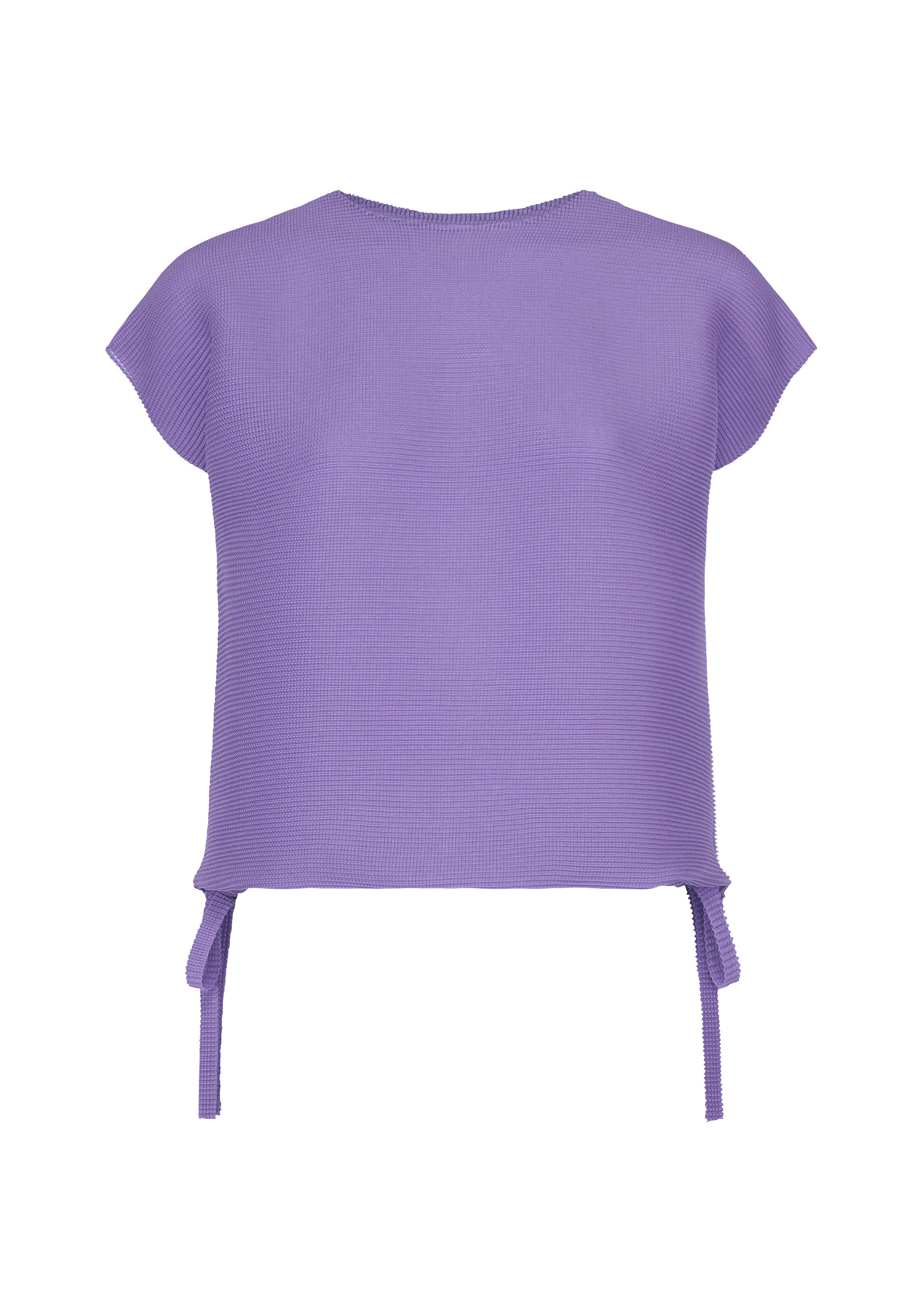 Zoomed view The SQUARE STRETCH PLEATS by me ISSEY MIYAKE is a purple short-sleeved textured knit top featuring a round neck, stretchy construction, and two side ties at the hem for an adjustable silhouette, displayed against a plain white background. - PURPLE （no.81）