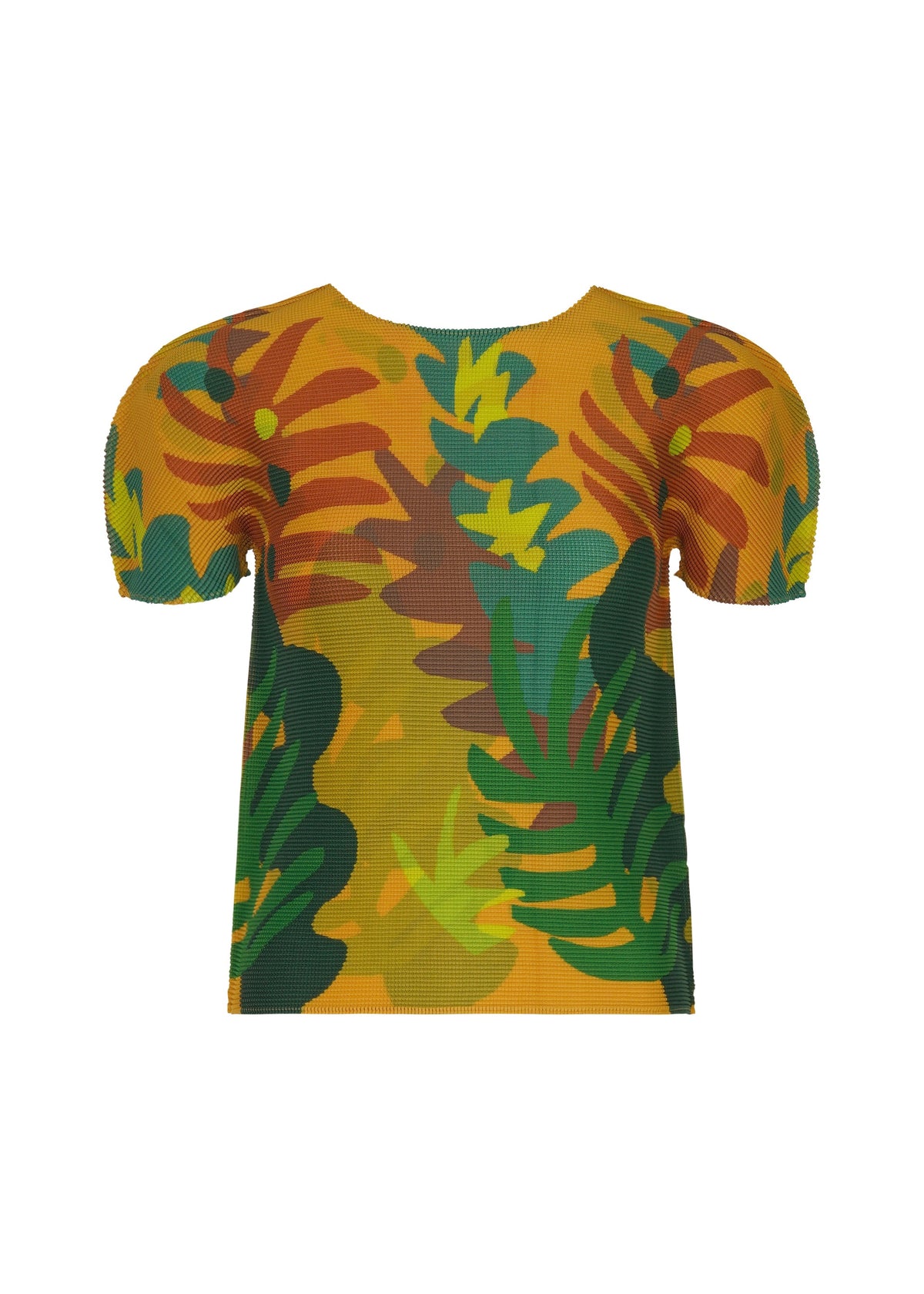 The JUNGLE top by me ISSEY MIYAKE is a short-sleeved piece featuring a vibrant yellow base with a bold multicolored leaf print in green, orange, and brown tones. It is designed with puffed sleeves and a classic crew neckline. view 1 of 6