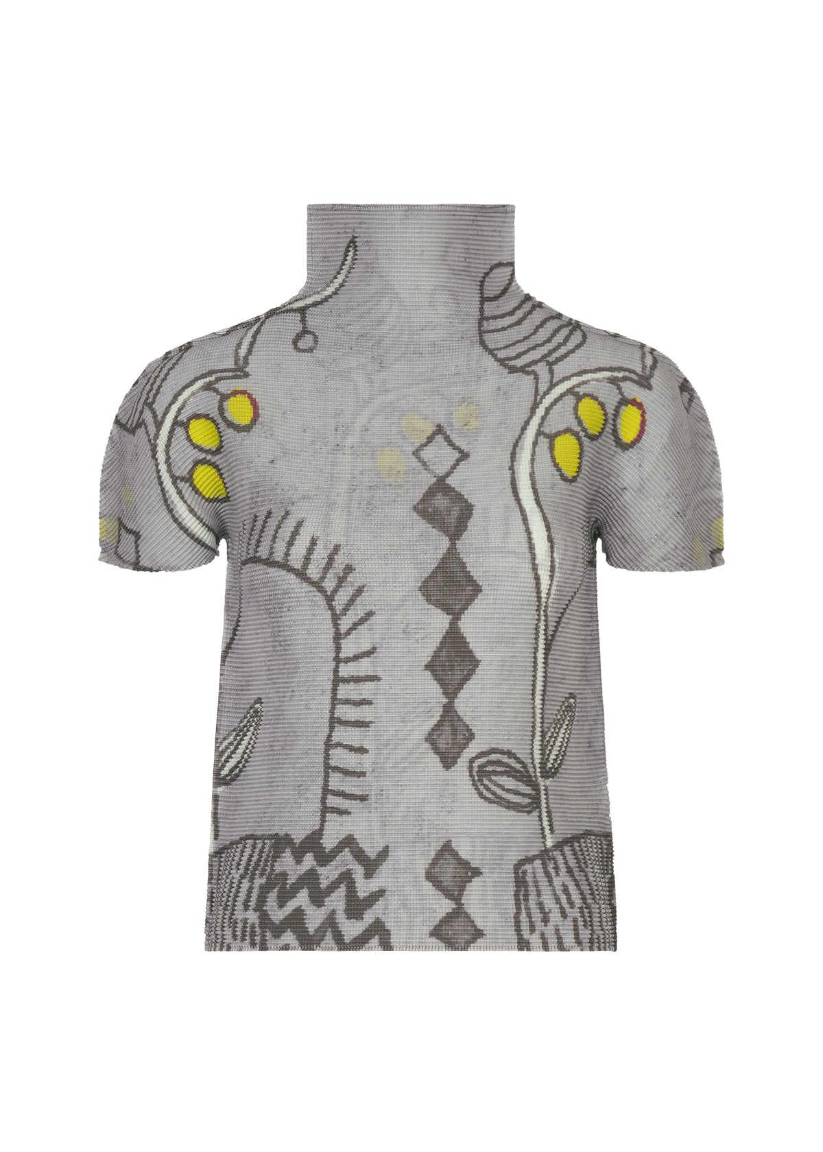 A gray high-neck short-sleeve top from me ISSEY MIYAKE’s PLANT collection, featuring abstract black line patterns, yellow circular accents, and geometric shapes. This artistic and modern design is enhanced by subtle stretch pleats that add textured dimension to the silhouette, all set against a seamless, background-free finish. view 1 of 7