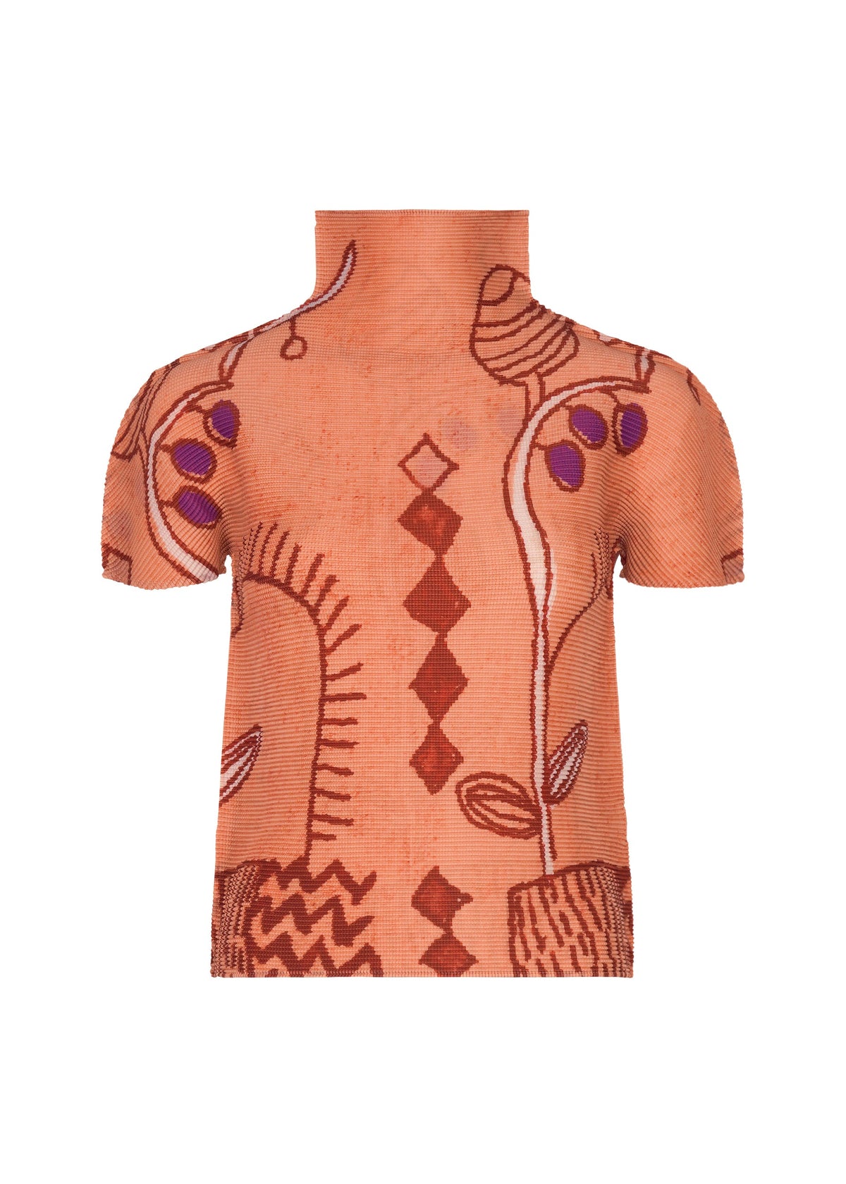 Zoomed view The PLANT short-sleeved shirt by me ISSEY MIYAKE features an orange base adorned with abstract maroon and purple artistic patterns, including geometric shapes, curved lines, and subtle plant-inspired leaf motifs. This high-neck design fuses vibrant color with distinctive visual details for a contemporary statement piece. - VERMILION-HUED （no.38）