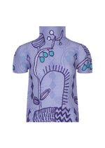 The PLANT top by me ISSEY MIYAKE is a short-sleeved, high-neck piece crafted in rich purple stretch pleats, adorned with an abstract plant pattern featuring dark blue lines and turquoise dot motifs reminiscent of organic forms. - PURPLE-HUED （no.87）