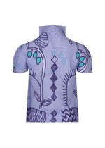 The PLANT shirt by me ISSEY MIYAKE is a short-sleeve, high-neck top adorned with abstract blue and purple line art, plant-inspired patterns, geometric motifs, and turquoise accents against a light background. This stylish piece is showcased on a plain white backdrop.