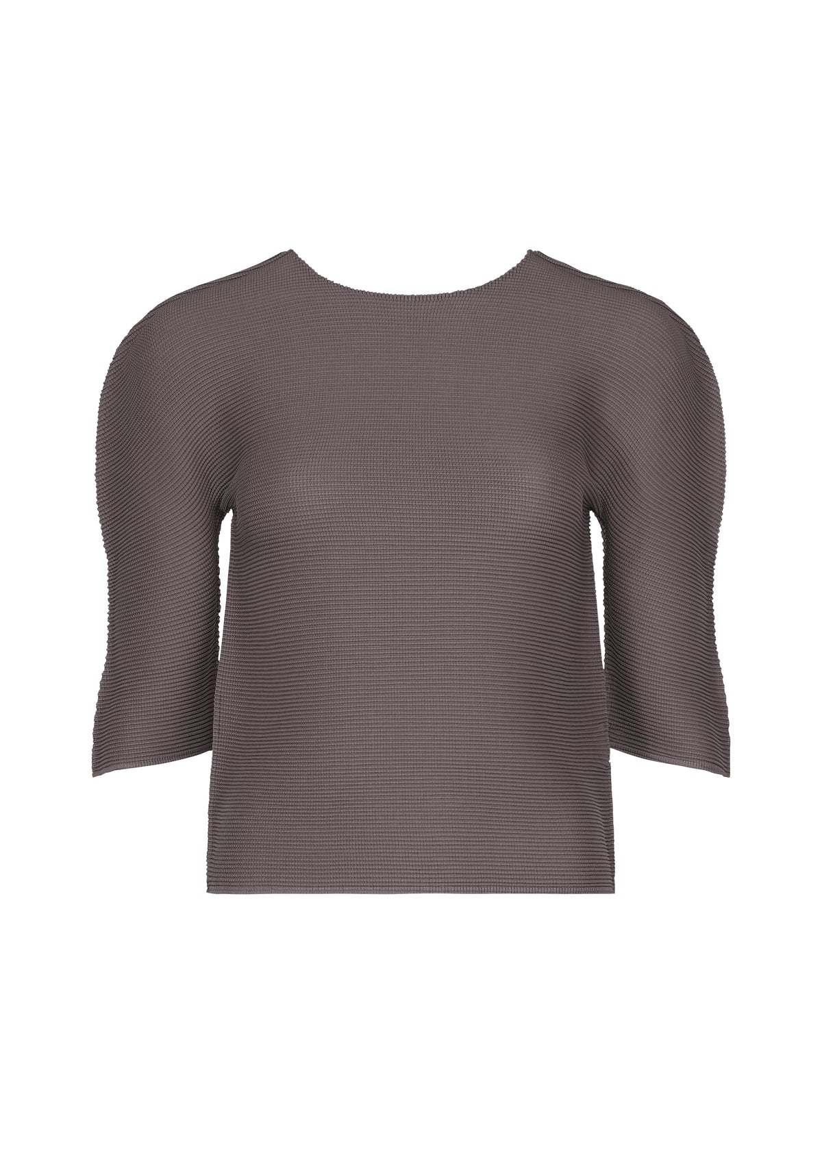 A gray, short-sleeved, ribbed STRETCH PLEATS 4 top by me ISSEY MIYAKE features a high round neckline and slightly boxy fit, shown on a white background. view 1 of 7