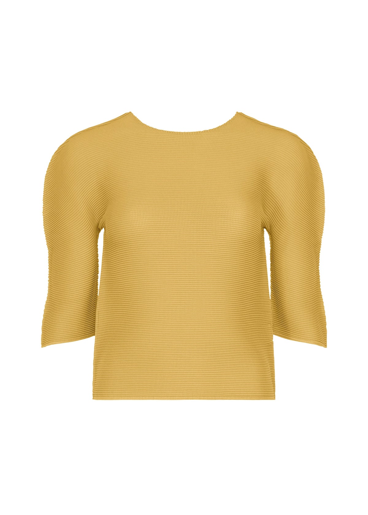A mustard yellow, short-sleeve ribbed knit round-neck top with STRETCH PLEATS detail, STRETCH PLEATS 4 by me ISSEY MIYAKE, shown on a plain white background. view 2 of 7