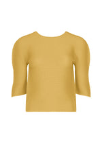 A mustard yellow, short-sleeve ribbed knit round-neck top with STRETCH PLEATS detail, STRETCH PLEATS 4 by me ISSEY MIYAKE, shown on a plain white background. - CREAM YELLOW （no.50）
