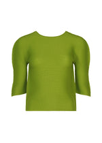 Green, short-sleeve STRETCH PLEATS 4 top by me ISSEY MIYAKE with ribbed, stretchy fabric and a round neckline. Displayed on a white background; no visible logos or patterns. - LEAF GREEN （no.60）