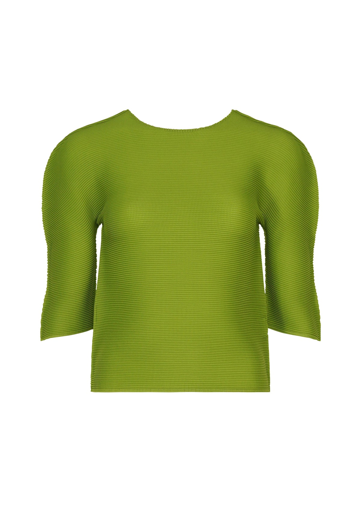 Zoomed view Green, short-sleeve STRETCH PLEATS 4 top by me ISSEY MIYAKE with ribbed, stretchy fabric and a round neckline. Displayed on a white background; no visible logos or patterns. - LEAF GREEN （no.60）
