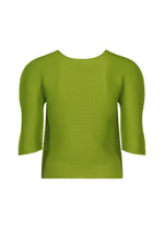 The STRETCH PLEATS 4 by me ISSEY MIYAKE is a green, fitted, ribbed short-sleeve top with a round neckline, shown against a white background.