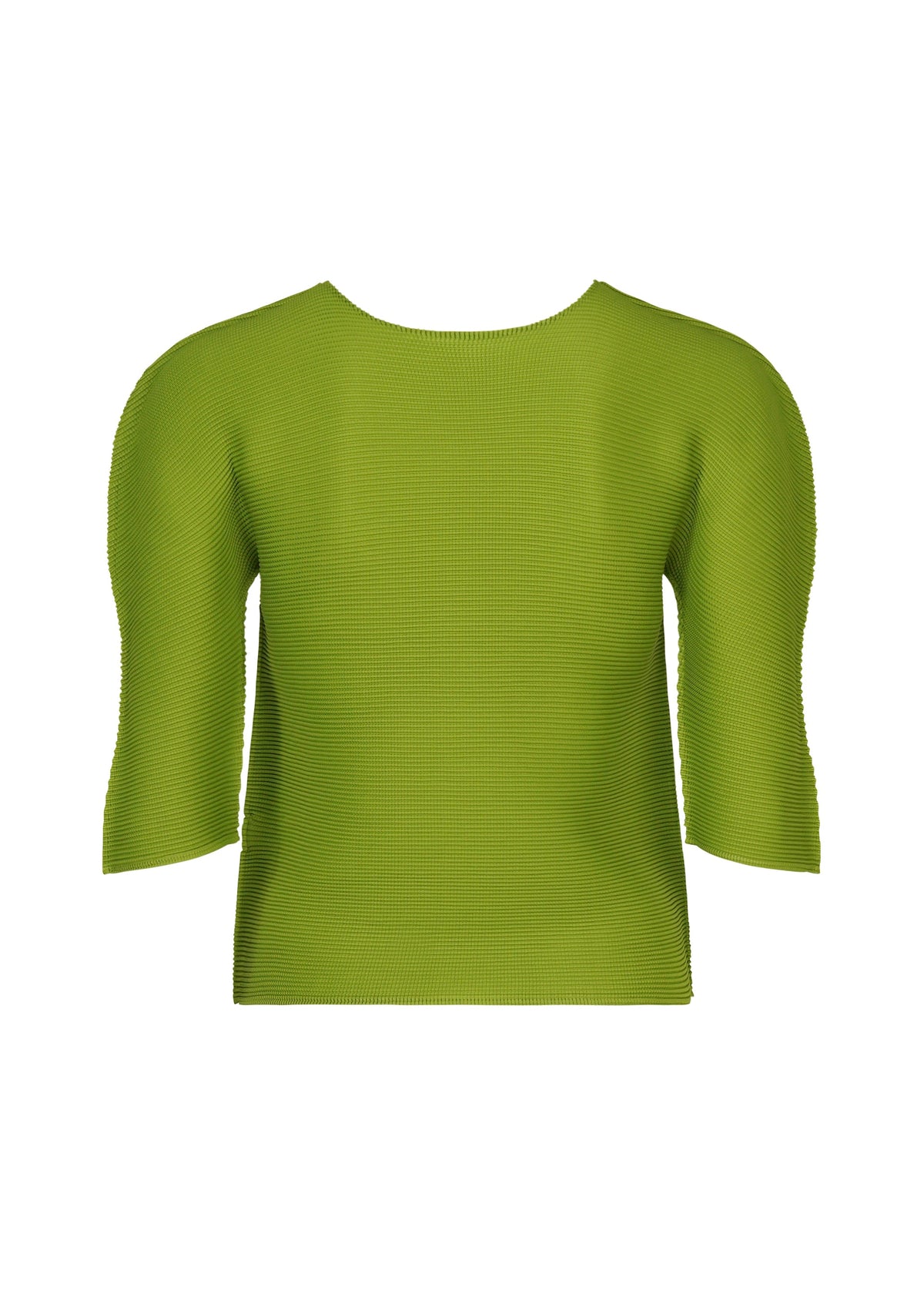 Zoomed view The STRETCH PLEATS 4 by me ISSEY MIYAKE is a green, fitted, ribbed short-sleeve top with a round neckline, shown against a white background.