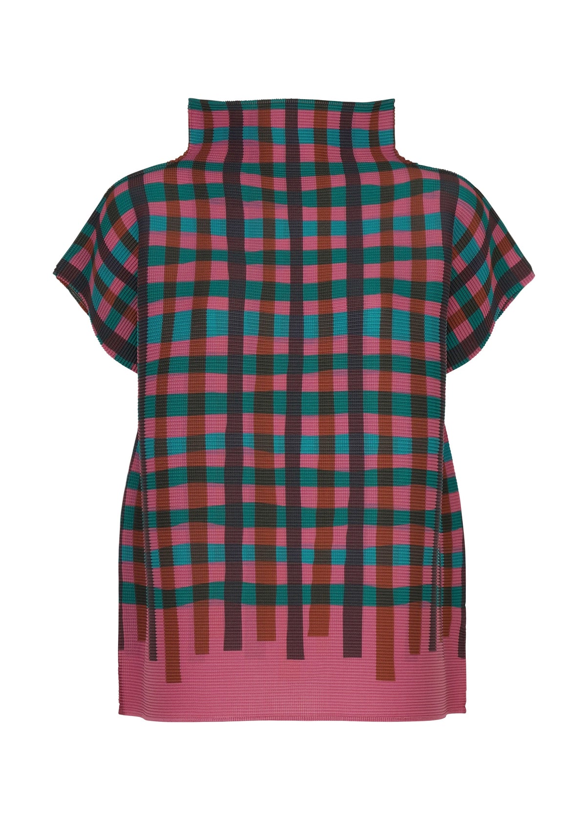 Zoomed view The TAPE CHECK by me ISSEY MIYAKE is a short-sleeved high-neck top with French sleeves, showcasing a pink, teal, brown, and black check pattern and striped gradient effect at the hem. - PINK-HUED （no.27）