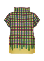 The TAPE CHECK by me ISSEY MIYAKE is a colorful plaid high-neck top with French sleeves, green, red, purple, and yellow checks, plus a yellow hem with vertical rectangular accents—shown against a white background. - YELLOW-HUED （no.59）