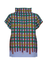 TAPE CHECK by me ISSEY MIYAKE: A short-sleeve, high-neck stretch pleats top with a colorful green, purple, yellow, and red plaid on blue, finished with uneven rectangular fringed hems for a playful look. - BLUE-HUED （no.78）
