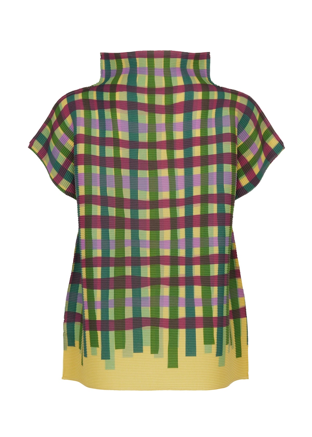 The TAPE CHECK by me ISSEY MIYAKE is a short-sleeve high-neck top with French sleeves, featuring a green, yellow, purple, and red plaid pattern, yellow border, and modern geometric design. view 4 of 7