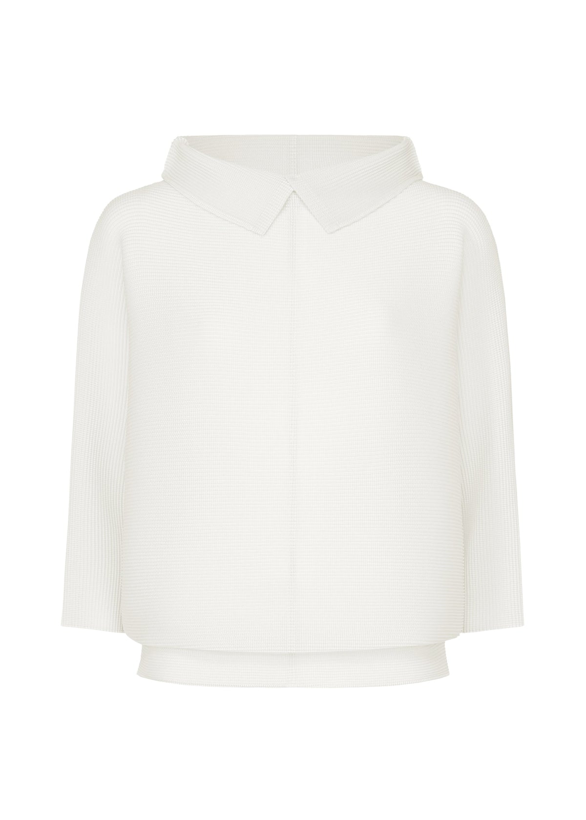The DOLMAN STRETCH PLEATS 1 by me ISSEY MIYAKE is a white knit top with a collar, dolman sleeves, subtle textured pattern, straight hem, and relaxed fit, shown on a plain background. view 1 of 8