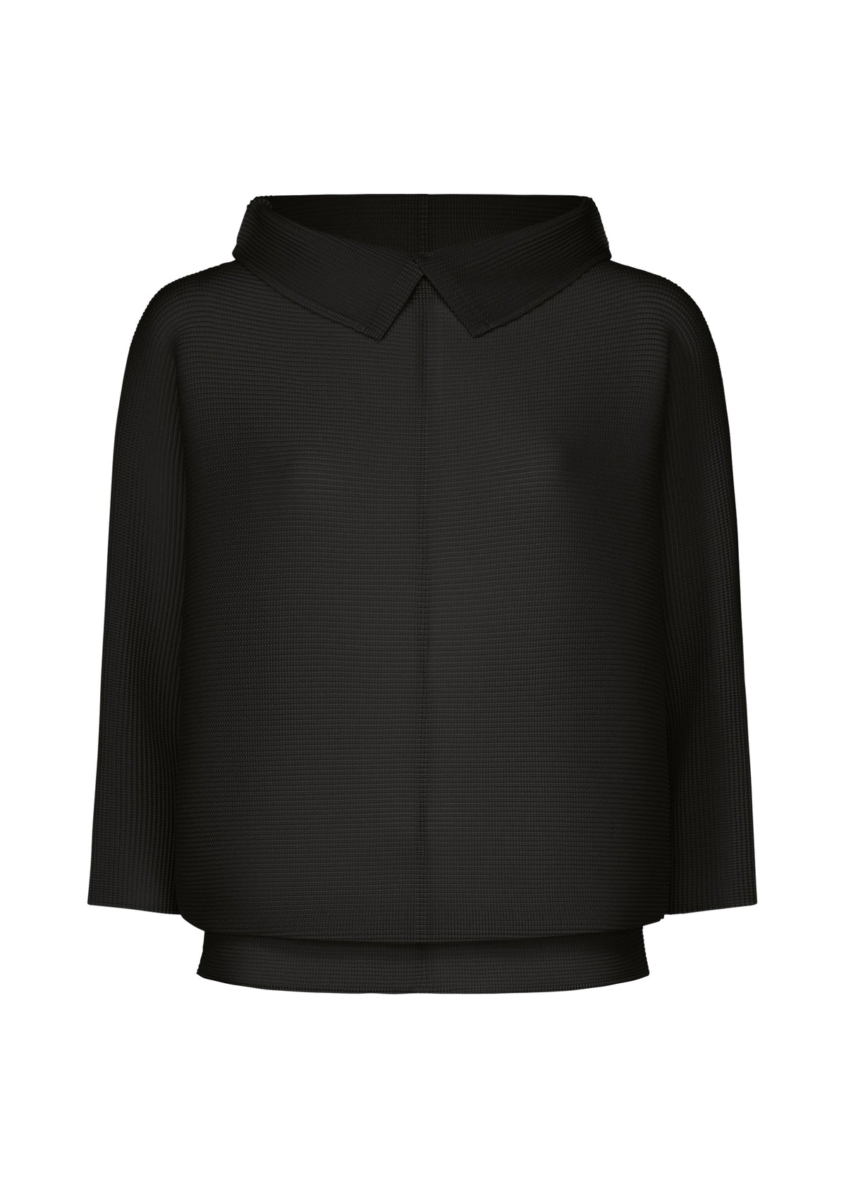 The DOLMAN STRETCH PLEATS 1 by me ISSEY MIYAKE is a black, loose-fit blouse with dolman sleeves, a pointed collar, subtle texture, straight hem, and no visible buttons for effortless elegance. view 2 of 8