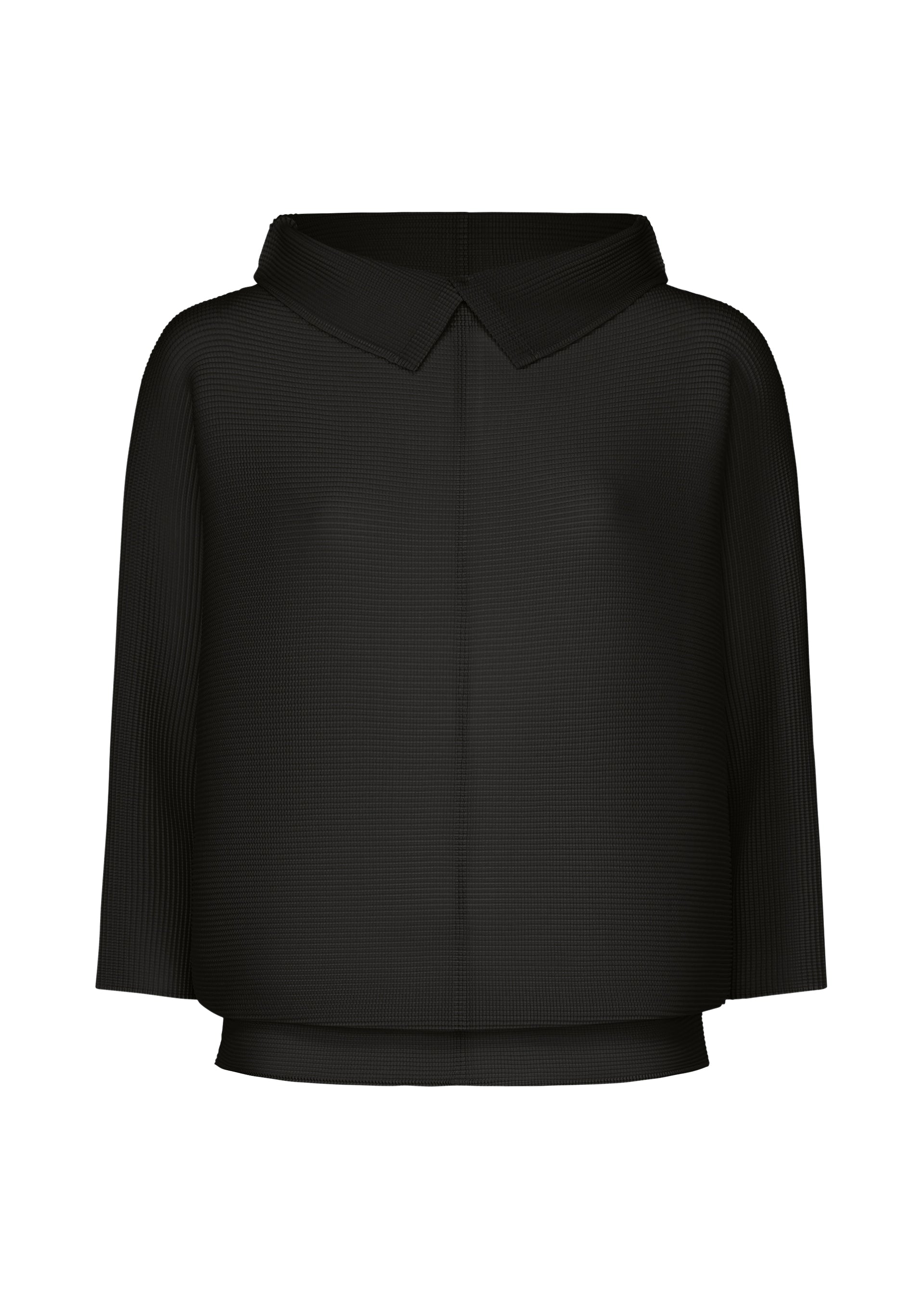 Zoomed view The DOLMAN STRETCH PLEATS 1 by me ISSEY MIYAKE is a black, loose-fit blouse with dolman sleeves, a pointed collar, subtle texture, straight hem, and no visible buttons for effortless elegance. - BLACK （no.15）