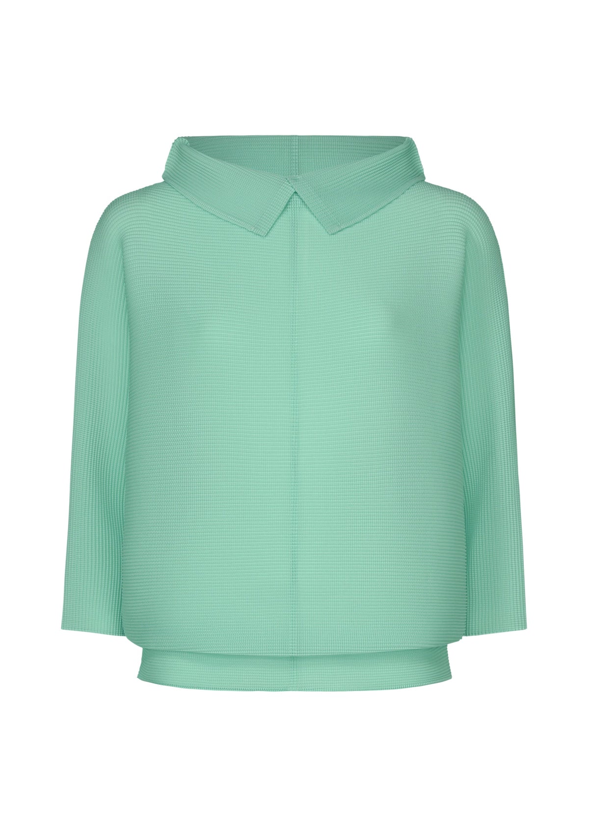 The DOLMAN STRETCH PLEATS 1 top by me ISSEY MIYAKE features light green stretch pleats, dolman sleeves, a pointed collar, and a straight hem, shown on a white background. view 3 of 8