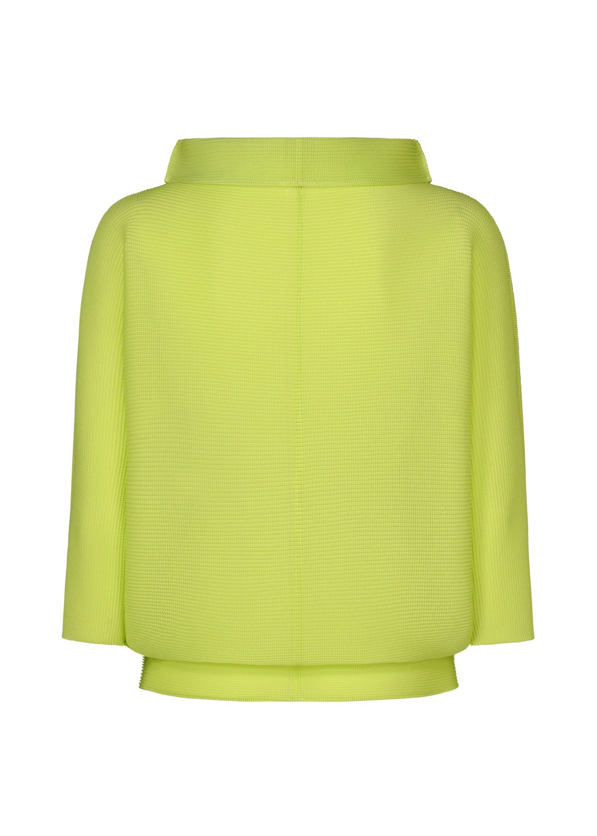 The DOLMAN STRETCH PLEATS 1 by me ISSEY MIYAKE is a lime green stretch pleats top with three-quarter dolman sleeves, wide neckline, and a loose, boxy fit, shown from the back against a white background. view 5 of 8