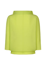 The DOLMAN STRETCH PLEATS 1 by me ISSEY MIYAKE is a lime green stretch pleats top with three-quarter dolman sleeves, wide neckline, and a loose, boxy fit, shown from the back against a white background.