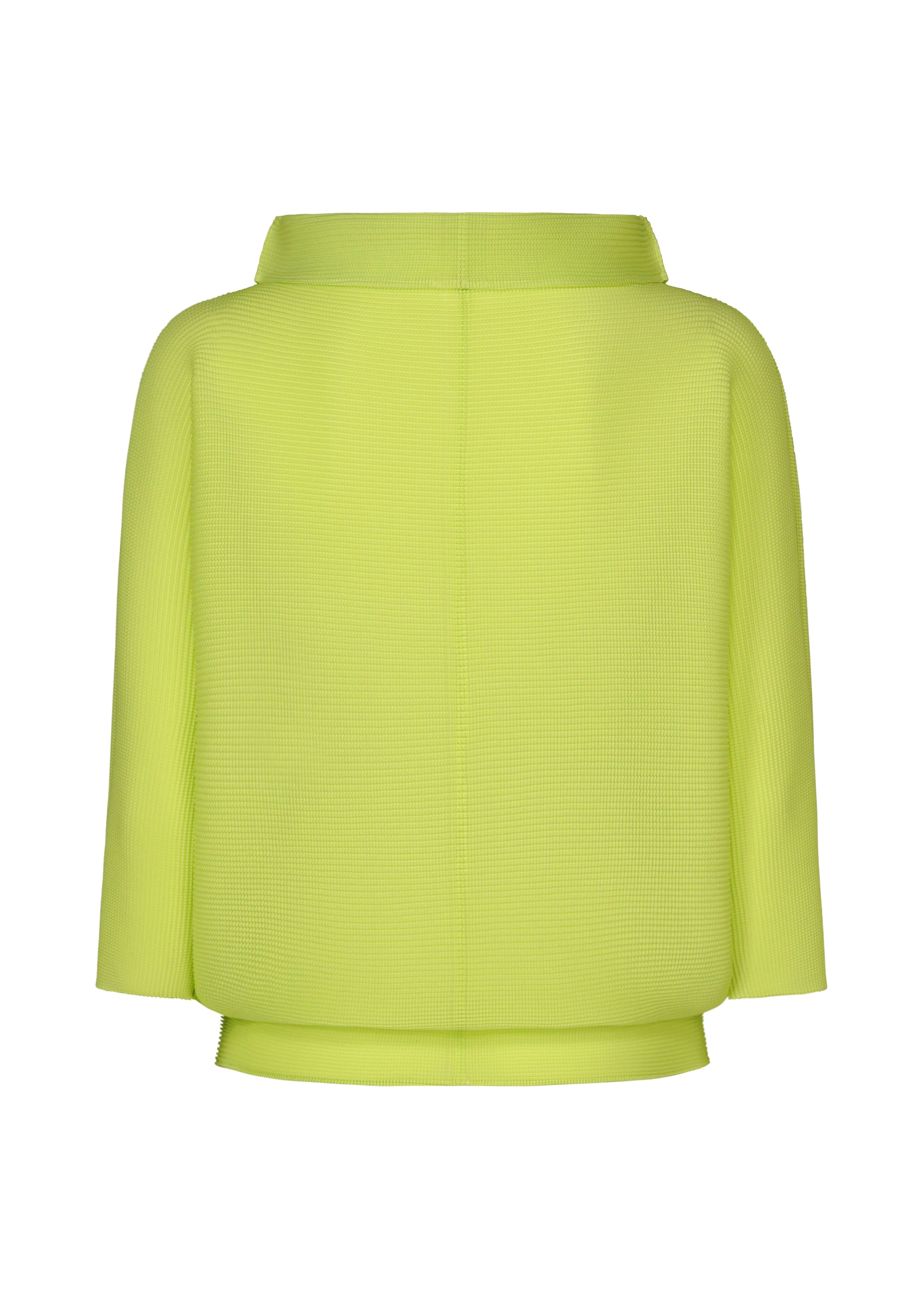 Zoomed view The DOLMAN STRETCH PLEATS 1 by me ISSEY MIYAKE is a lime green stretch pleats top with three-quarter dolman sleeves, wide neckline, and a loose, boxy fit, shown from the back against a white background.