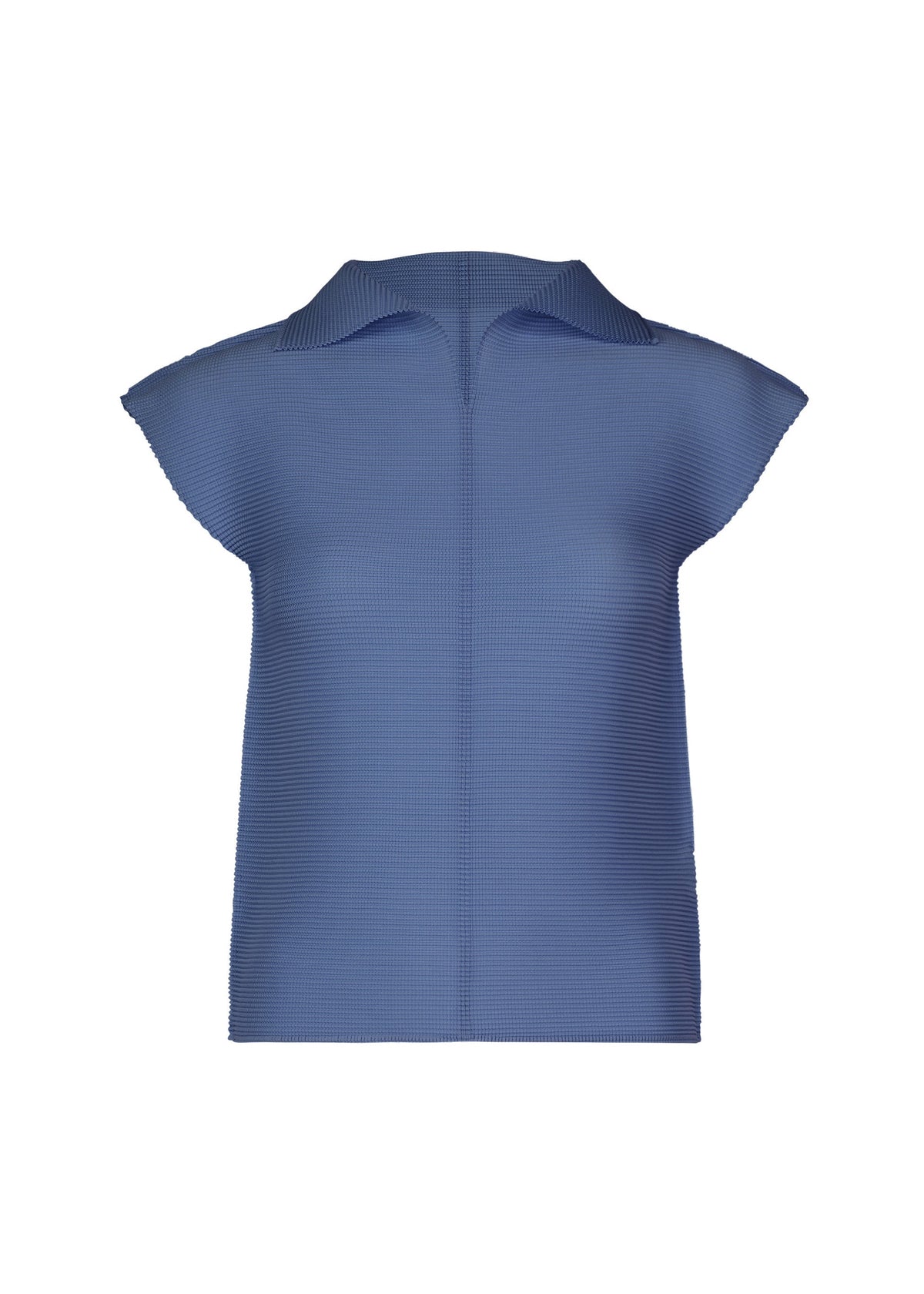 The STRETCH PLEATS 2 blouse by me ISSEY MIYAKE is a blue, short-sleeved, textured top with a collar and V-shaped neckline, featuring subtle stretch pleats, shown against a plain white background. view 2 of 7