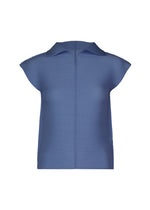 The STRETCH PLEATS 2 blouse by me ISSEY MIYAKE is a blue, short-sleeved, textured top with a collar and V-shaped neckline, featuring subtle stretch pleats, shown against a plain white background. - BLUE （no.72）
