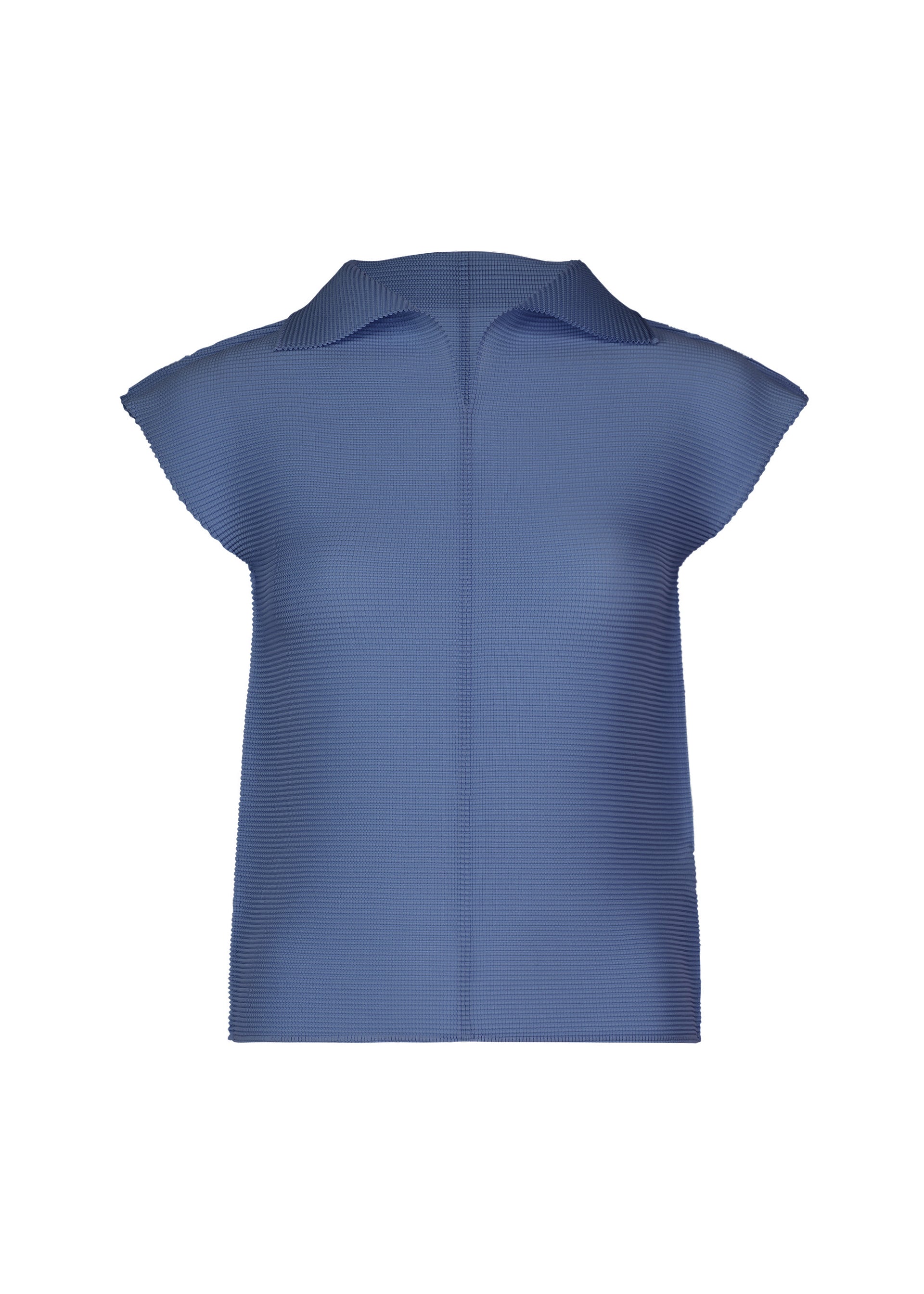Zoomed view The STRETCH PLEATS 2 blouse by me ISSEY MIYAKE is a blue, short-sleeved, textured top with a collar and V-shaped neckline, featuring subtle stretch pleats, shown against a plain white background. - BLUE （no.72）