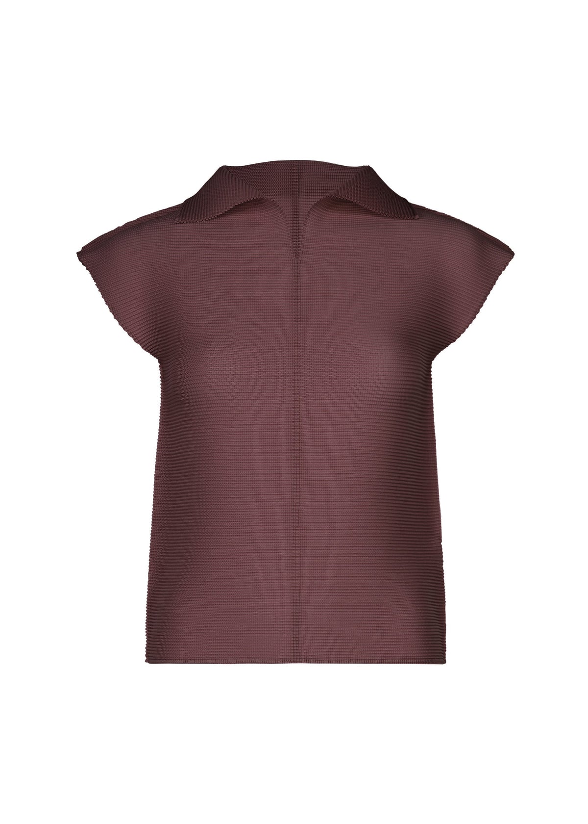 The STRETCH PLEATS 2 by me ISSEY MIYAKE is a brown, French-sleeved textured collared top featuring subtle stretch pleats and a high collar without visible buttons or fasteners, shown against a white background. view 3 of 7