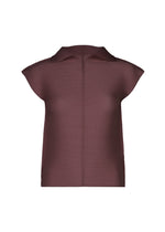 The STRETCH PLEATS 2 by me ISSEY MIYAKE is a brown, French-sleeved textured collared top featuring subtle stretch pleats and a high collar without visible buttons or fasteners, shown against a white background. - BORDEAUX （no.84）