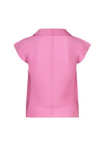 A sleeveless, textured pink pleated top from me ISSEY MIYAKE’s STRETCH PLEATS 2 collection, featuring a small collar and shown from the back against a white background.