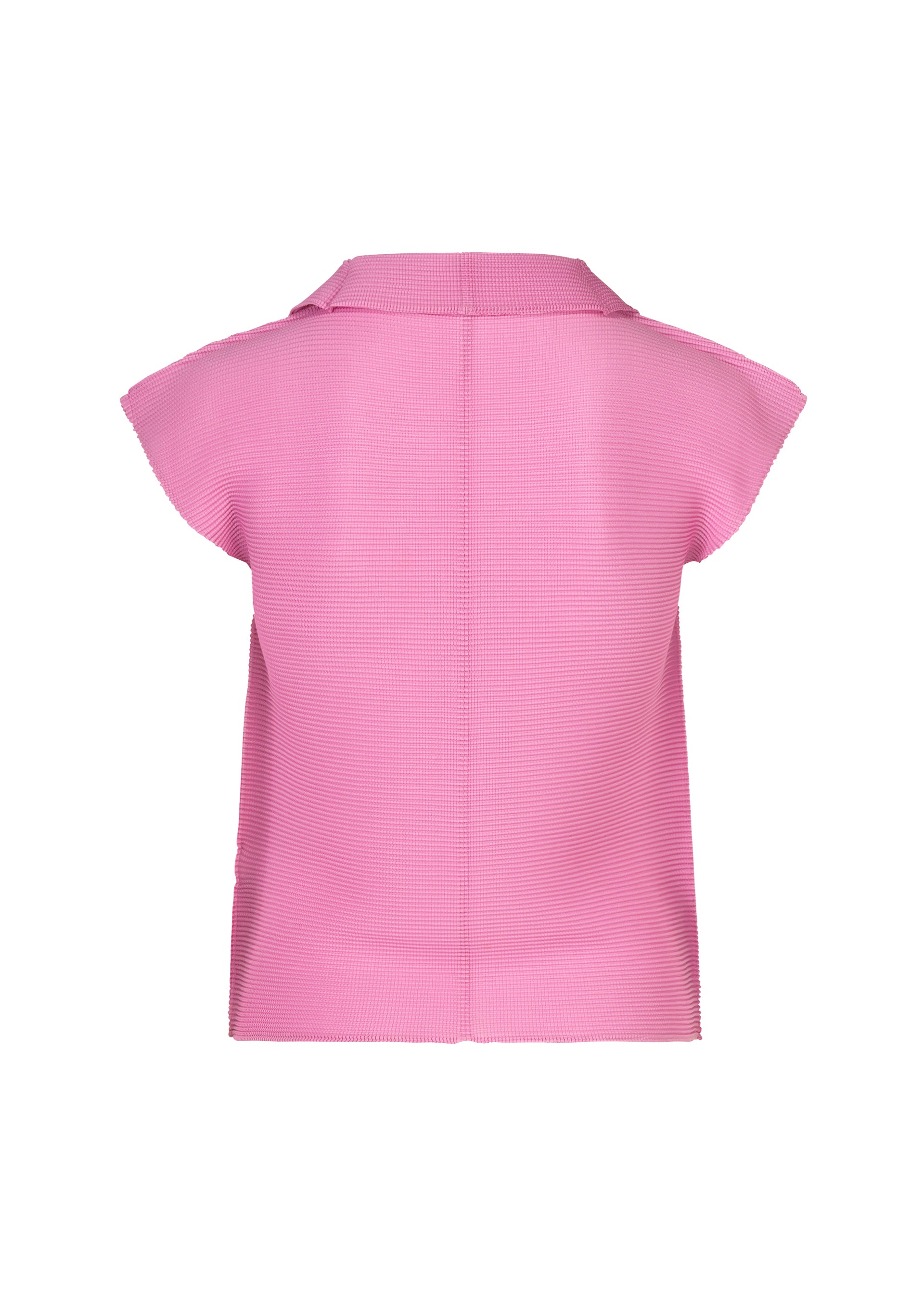 Zoomed view A sleeveless, textured pink pleated top from me ISSEY MIYAKE’s STRETCH PLEATS 2 collection, featuring a small collar and shown from the back against a white background.