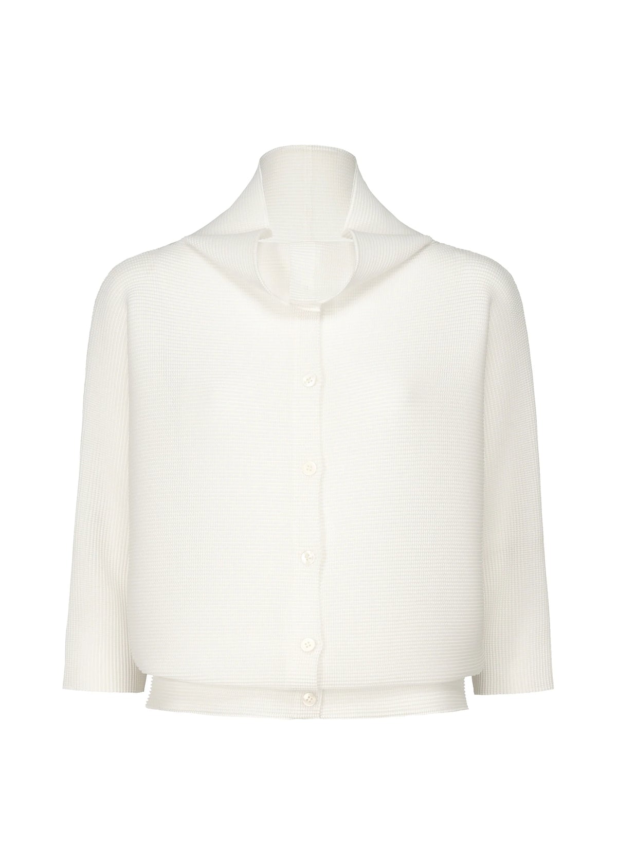 The DOLMAN STRETCH PLEATS 1 cardigan by me ISSEY MIYAKE—a white, long-sleeve, button-up design with a loose fit, distinctive built-in scarf collar, and subtle dolman sleeves—is displayed on a plain white background. view 1 of 8