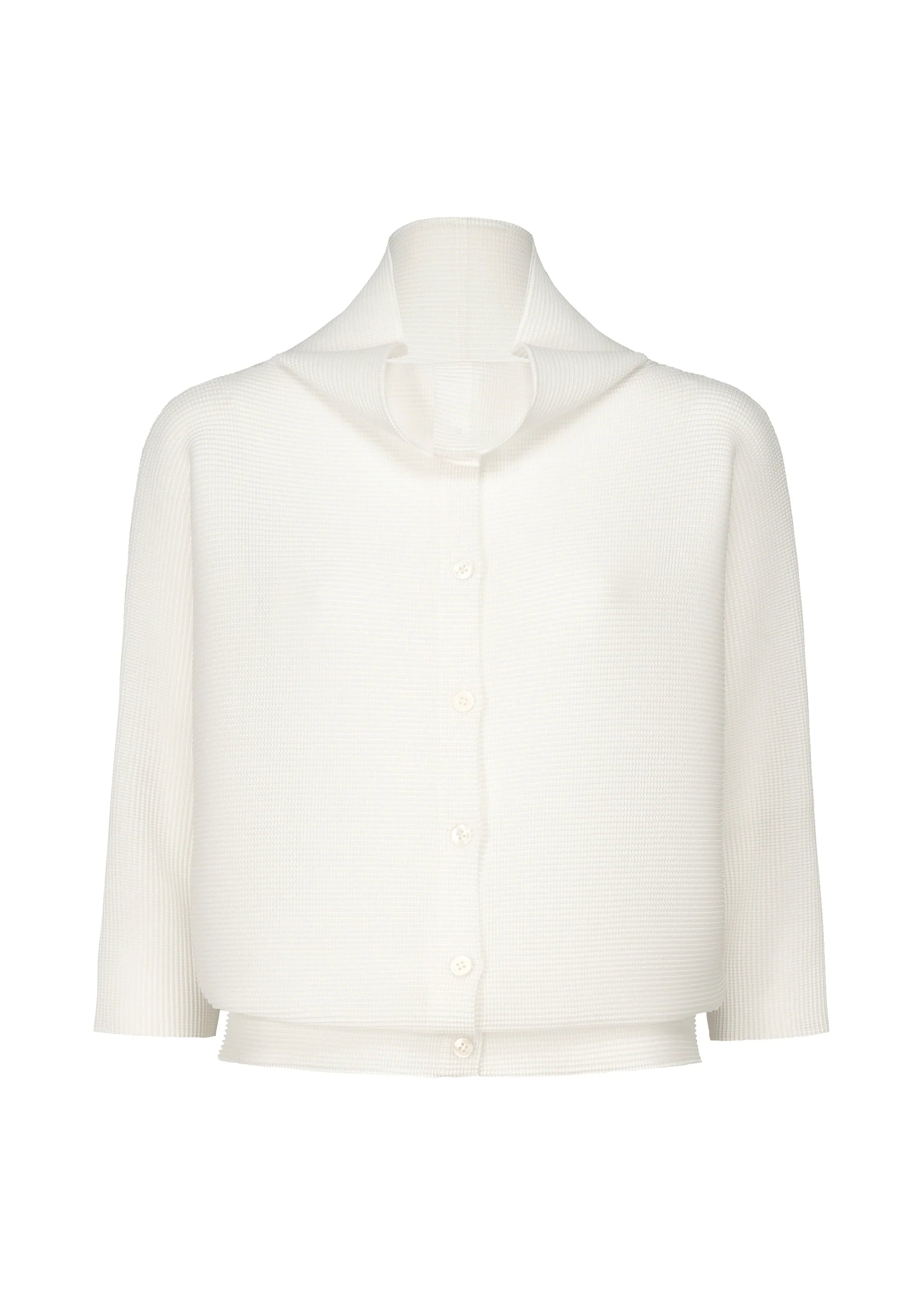 Zoomed view The DOLMAN STRETCH PLEATS 1 cardigan by me ISSEY MIYAKE—a white, long-sleeve, button-up design with a loose fit, distinctive built-in scarf collar, and subtle dolman sleeves—is displayed on a plain white background. - White