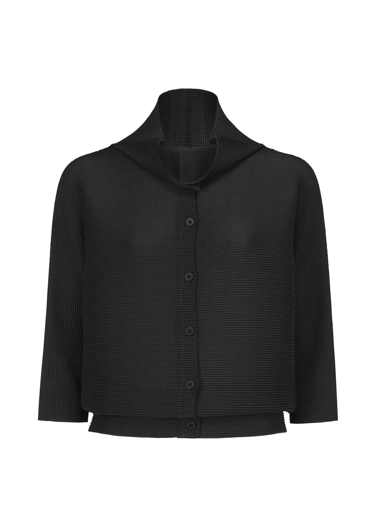 Black, long-sleeve DOLMAN STRETCH PLEATS 1 cardigan by me ISSEY MIYAKE, featuring a button-up front, high collar, and ribbed texture inspired by stretch pleats design, showcased against a plain white background. view 2 of 8