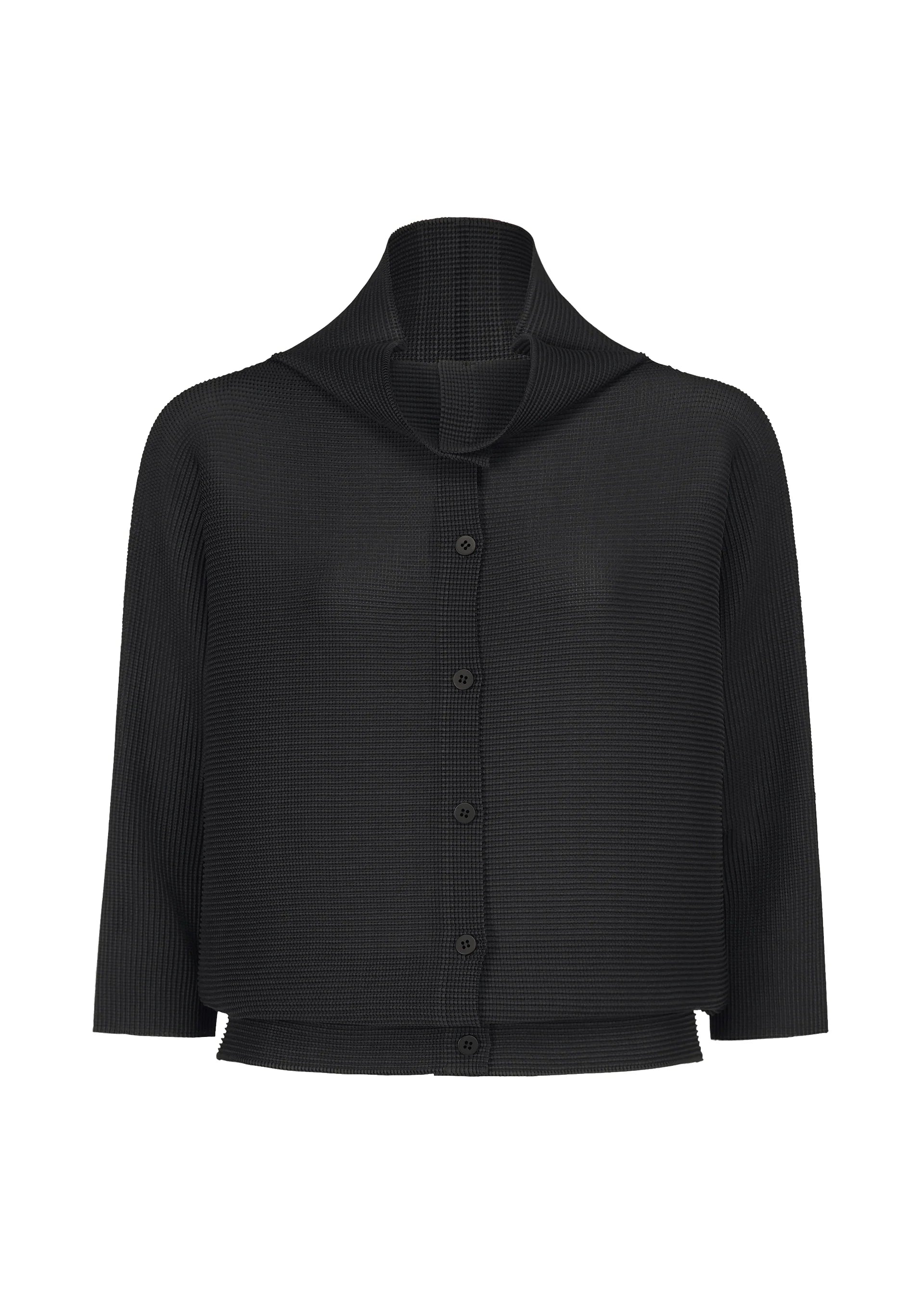 Zoomed view Black, long-sleeve DOLMAN STRETCH PLEATS 1 cardigan by me ISSEY MIYAKE, featuring a button-up front, high collar, and ribbed texture inspired by stretch pleats design, showcased against a plain white background. - Black