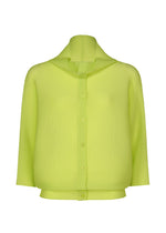 The DOLMAN STRETCH PLEATS 1 by me ISSEY MIYAKE is a neon yellow-green, ribbed, stretchy cardigan with long sleeves and a wide collar, shown against a plain white background.