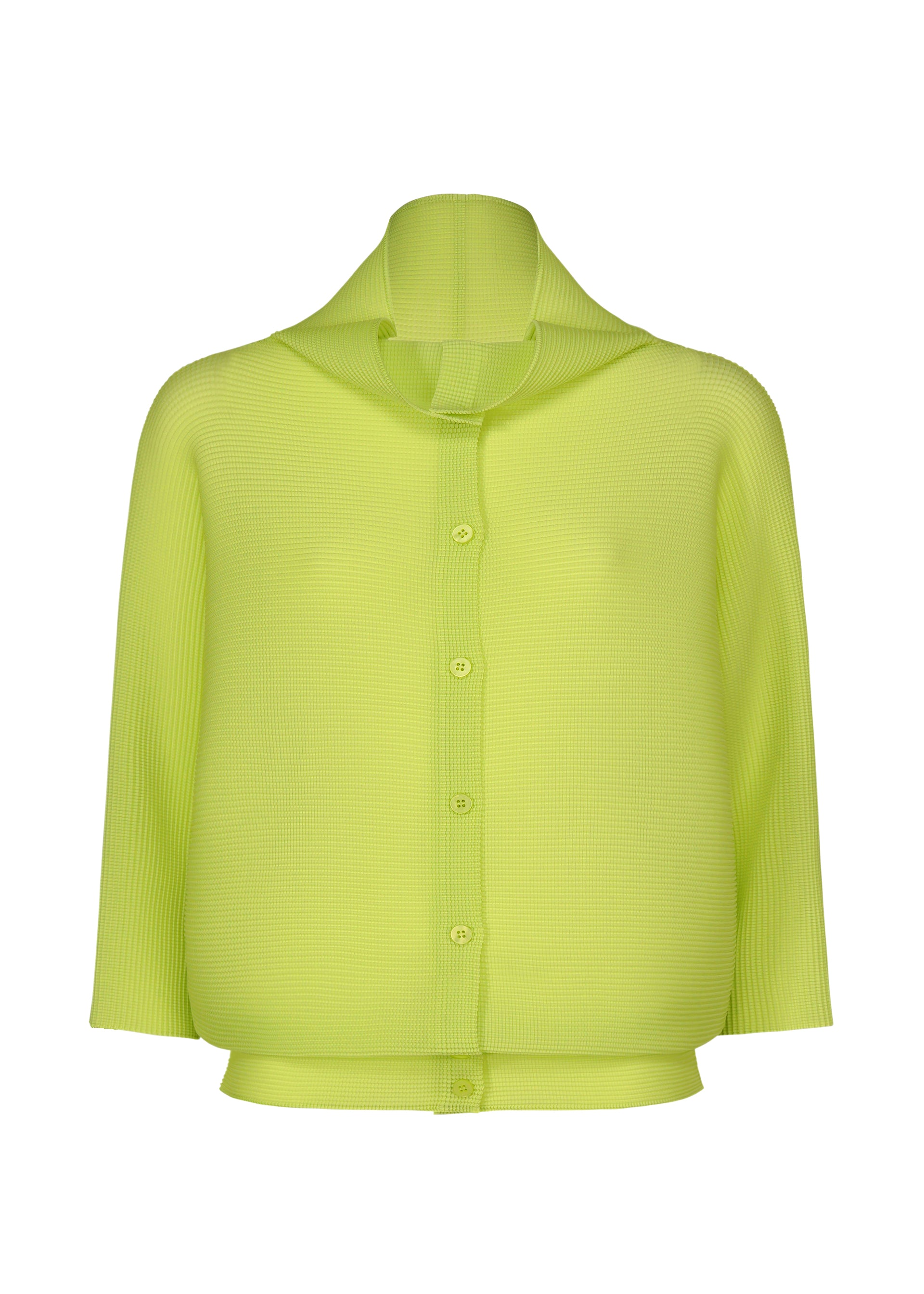 Zoomed view The DOLMAN STRETCH PLEATS 1 by me ISSEY MIYAKE is a neon yellow-green, ribbed, stretchy cardigan with long sleeves and a wide collar, shown against a plain white background.