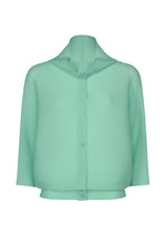 The me ISSEY MIYAKE DOLMAN STRETCH PLEATS 1 is a light green, ribbed, long-sleeve button-up cardigan with a collar and loose fit, displayed against a plain white background. - SKY BLUE （no.70）