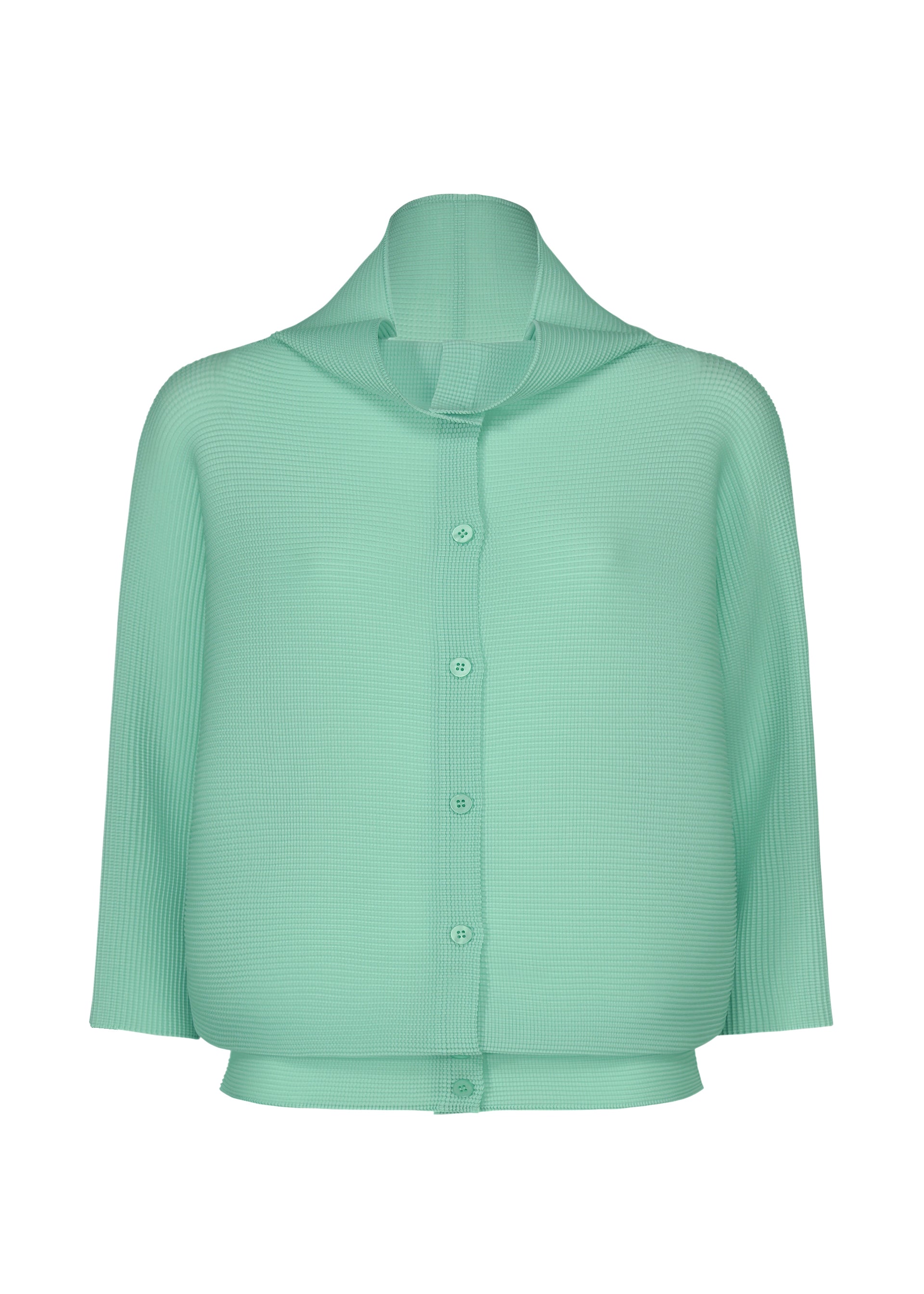 Zoomed view The me ISSEY MIYAKE DOLMAN STRETCH PLEATS 1 is a light green, ribbed, long-sleeve button-up cardigan with a collar and loose fit, displayed against a plain white background. - SKY BLUE （no.70）