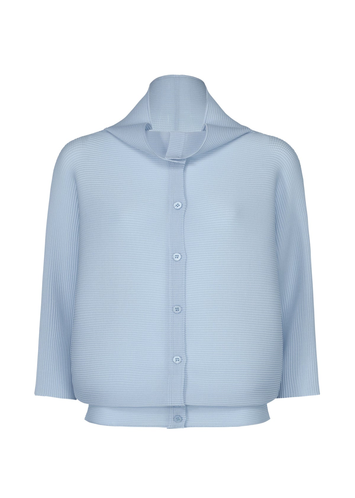 The me ISSEY MIYAKE DOLMAN STRETCH PLEATS 1 is a light blue cardigan with ribbed stretch pleats, wide structured collar, long sleeves, sheer lightweight fabric, and a button-up front. view 3 of 7