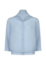 The me ISSEY MIYAKE DOLMAN STRETCH PLEATS 1 is a light blue cardigan with ribbed stretch pleats, wide structured collar, long sleeves, sheer lightweight fabric, and a button-up front. - FOGGY BLUE （no.71）