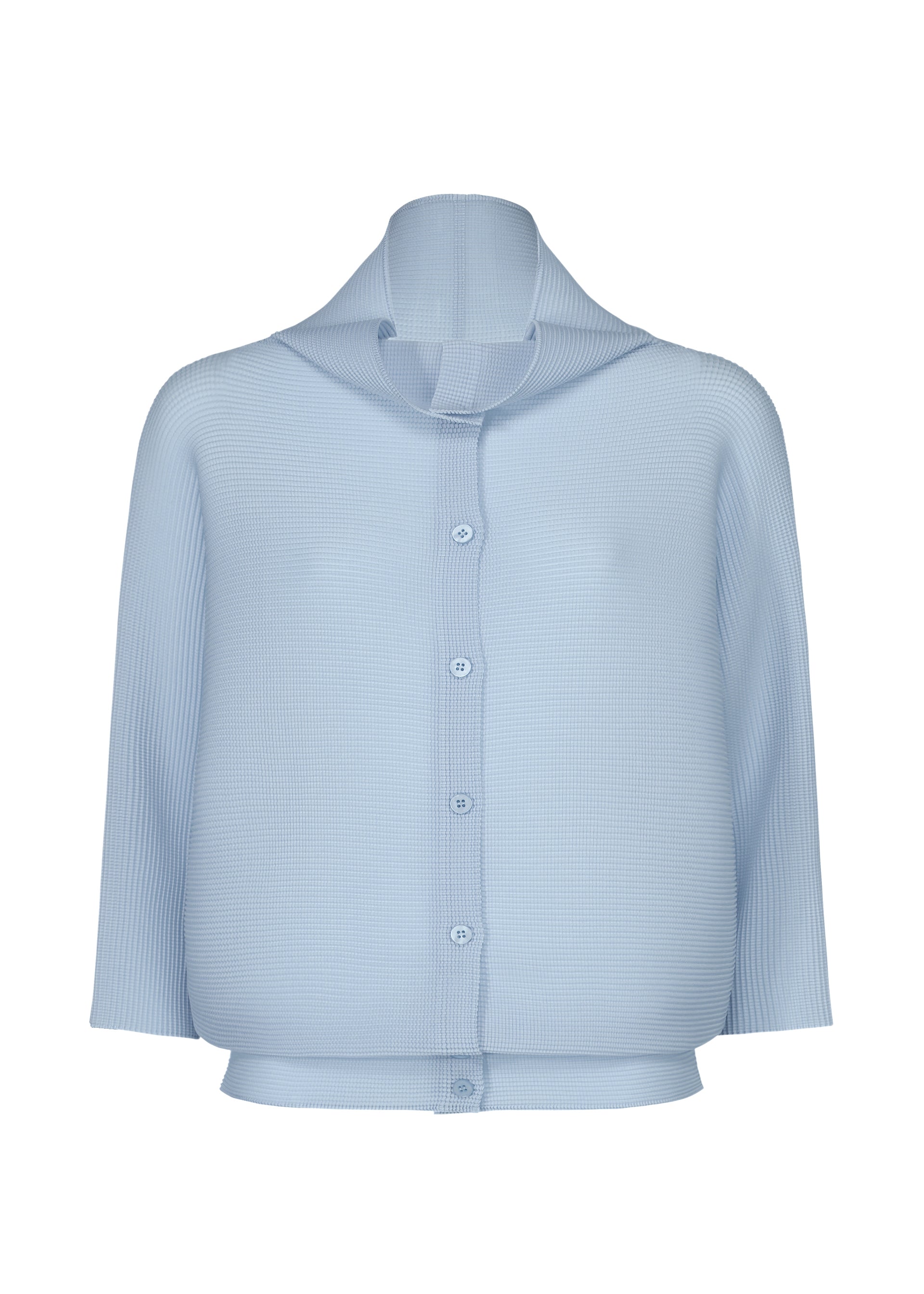 Zoomed view The me ISSEY MIYAKE DOLMAN STRETCH PLEATS 1 is a light blue cardigan with ribbed stretch pleats, wide structured collar, long sleeves, sheer lightweight fabric, and a button-up front. - FOGGY BLUE （no.71）