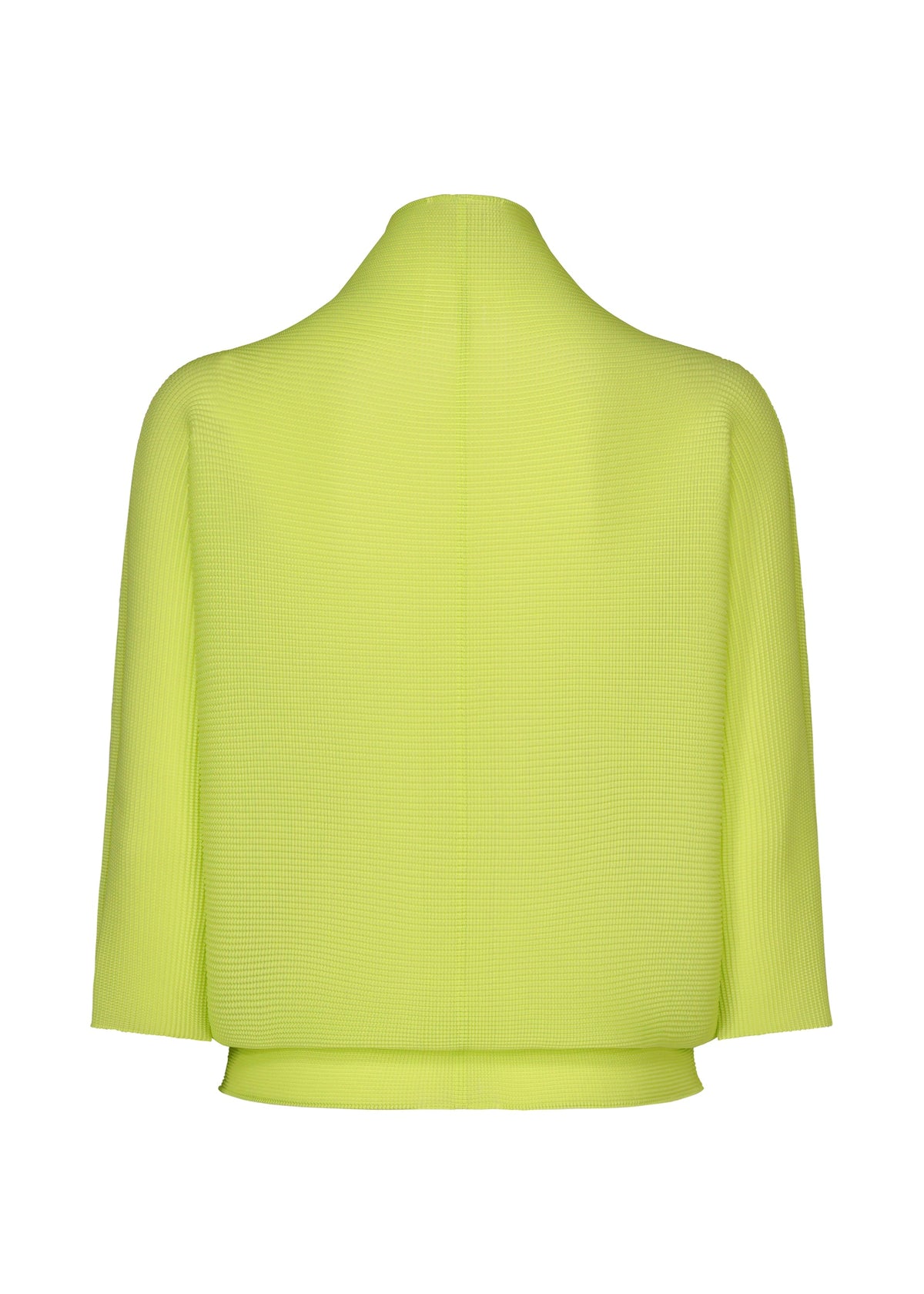 The me ISSEY MIYAKE DOLMAN STRETCH PLEATS 1 features a bright yellow-green, long-sleeved jacket with subtle stretch pleats, a straight boxy silhouette, and no visible fastenings or embellishments when viewed from the back. view 4 of 7