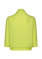 The me ISSEY MIYAKE DOLMAN STRETCH PLEATS 1 features a bright yellow-green, long-sleeved jacket with subtle stretch pleats, a straight boxy silhouette, and no visible fastenings or embellishments when viewed from the back.
