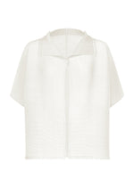 SQUARE STRETCH PLEATS by me ISSEY MIYAKE: A short-sleeve, semi-sheer white cardigan featuring stretch pleats with a subtle striped texture, wide collar, and single front button closure. This relaxed-fit piece is shown against a plain white background. - WHITE （no.01）