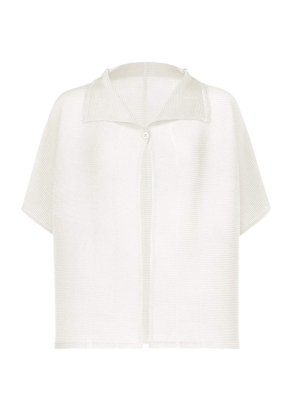 Zoomed view SQUARE STRETCH PLEATS by me ISSEY MIYAKE: A short-sleeve, semi-sheer white cardigan featuring stretch pleats with a subtle striped texture, wide collar, and single front button closure. This relaxed-fit piece is shown against a plain white background. - WHITE （no.01）