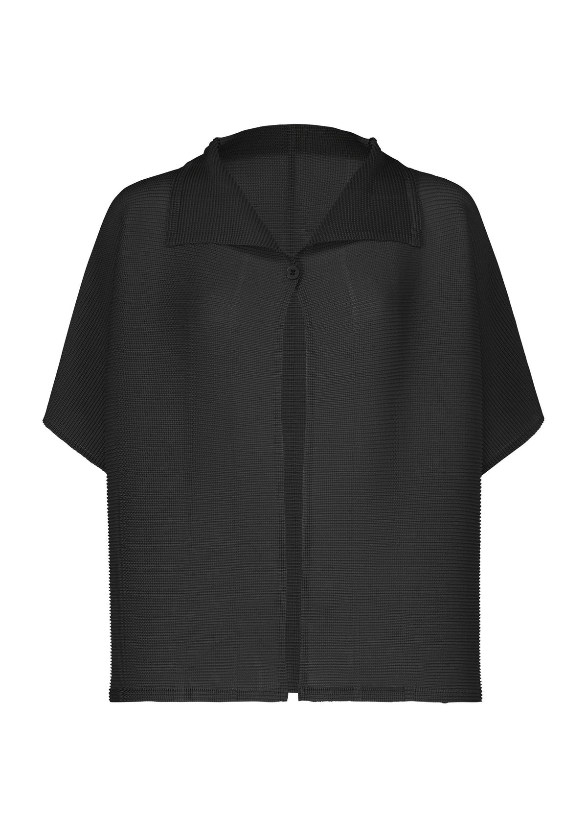 The SQUARE STRETCH PLEATS jacket by me ISSEY MIYAKE is a black, short-sleeved piece featuring a relaxed fit and simple design. It has a single button closure at the wide, pointed collar and showcases structured stretch pleats for an effortless cardigan-inspired style with modern flair. view 2 of 10
